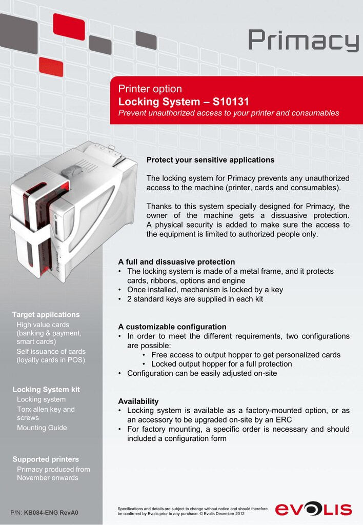 Evolis S10131 Locking system kit Incl. Locking system and Torx allen key and screws