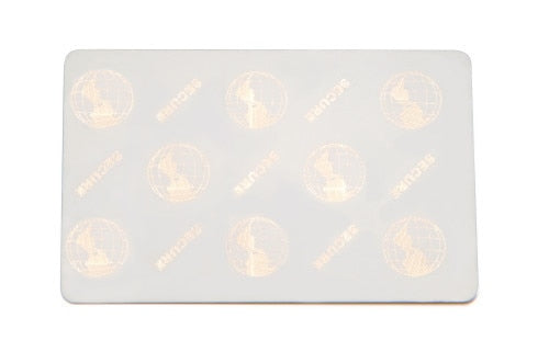 104523-119 Zebra white PVC, 30 mil cards, 2D world globe surface foil hologram (500 cards)